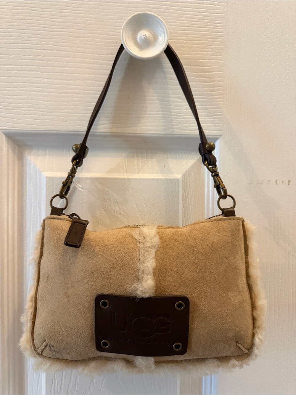 UGG Tan Suede Shearling Shoulder Bag with Dark Brown Strap
